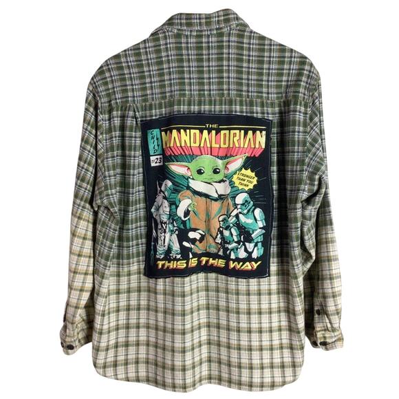 Vintage GUESS reworked Marvel Mandalorian yoda Comic flannel ombre bleached Med - Picture 1 of 5